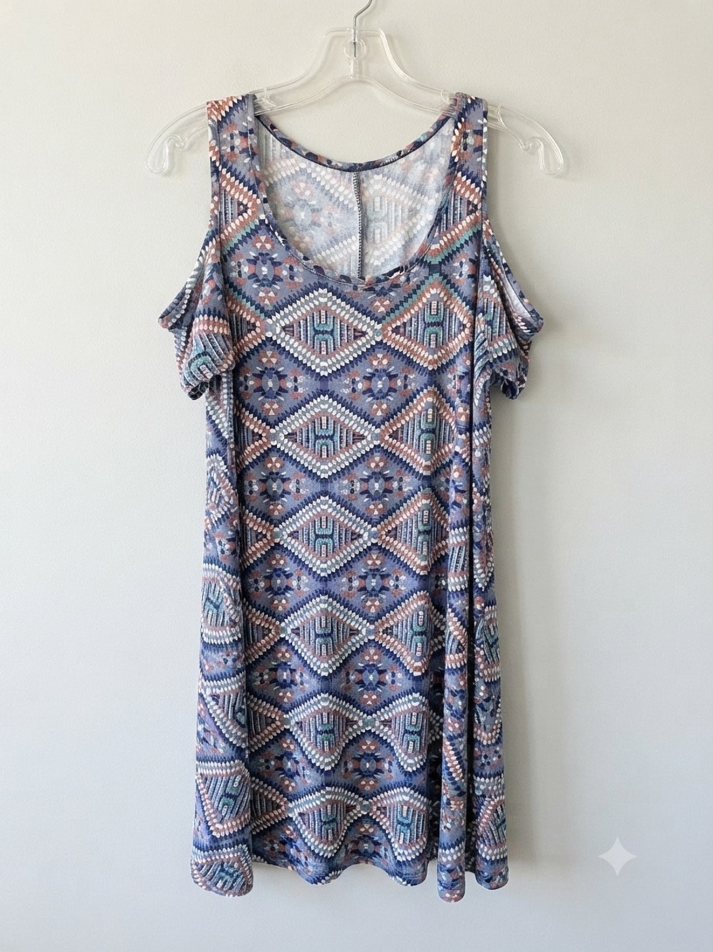 Women's Aztec Geo Print Cold Shoulder T-Shirt Dress Medium